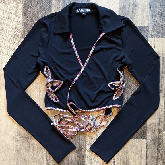 I.AM.GIA Renalee Wrap Crop Top Black Medium Cut-Out Side Flowers - Picture 2 of 7